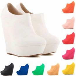 Boots Ankle Boots Women's Flock ZIP 14CM Wedges Round Toe Waterproof platform white Short Boot Party OL Office Woman shoes