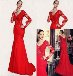 Long Sleeve Red Mermaid Evening Dress Lace Prom Dress Formal Event Gown Plus Size robe de soire vestido de festa longo1994648