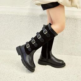 Boots Girls' Fashion 2024 Korean Style Autumn Children Brown Thick Soled Leather High Simple Buckle Chic Catwalk