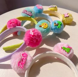 Sweet Girls Barbie hair sticks children dopamine plush pompons hairbands boutique kids high head top princess accessories Z5316