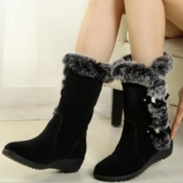 Boots Winter Ladies Mid Calf Boots Fleece Snow Boots Plus Size Round Head Belt Buckle Thick Bottom Comfortable Shoes Botas De Nieve