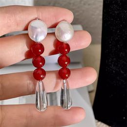 French Vintage Red Agate Beaded Drop Earrings for Women Light Luxury Design Natural Baroque Pearl High Grade Charm Jewelry
