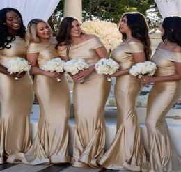 Sexy Gold Champagne Mermaid Bridesmaid Dresses Elastic Satin Off Shoulder Ruffle African Sweep Train Maid Of Honour Wedding Guest G3348839