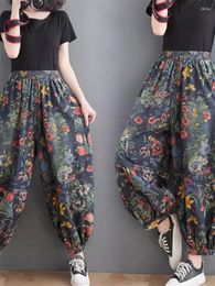 Women's Pants 2024 Spring Retro Floral Denim Loose High Waist Wide Leg Lantern Jeans Vintage Oversized Trousers K172