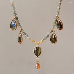 Pendant Necklaces Latest Natural Stones Labradorite Teardrop Necklace Women Exquisite Gemstones Charm Beaded Choker OL Jewelry