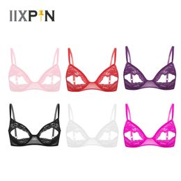 Women Lace Hollow Out Bra Lingerie Exotic Nightclub See-through Open Cups Exposed Nipples Brassiere Sexy Underwire Top Nightwear 240320