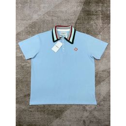 24SS Casablanca Men's Polos New Polo Shirt with Loose and Casual Light Blue Short Sleeves for Men and Women casablanc