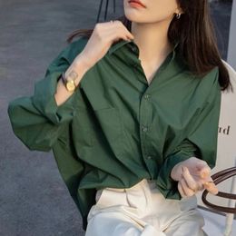 Retro Green Blouse Ladies spring lazy longsleeved shirt Korean Style Womens Clothes Tops Casual Female Solid Simple Wear 240320