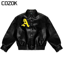 Hip Hop Men Bomber Jacket Motorcycle Embroidery Leather College Jacket Fashion Casual Varsity Jacket Unisex Baseball Coats 240309