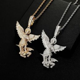 Pendant Necklaces Hip Hop Micro Paved Cubic Zirconia Bling Iced Out Angel Defeats Demon Pendants Necklace For Men Rapper Jewelry Gift