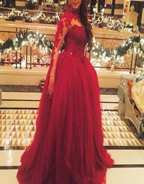 Burgundy High Neck Long Sleeve Dubai Evening Gowns Saudi Arabic Prom Dresses Sheer Appliques Beads Lebanon Pakistani Dress Robe De2368364