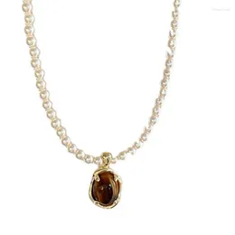 Chains Rice Pearl Necklace 2024 Tiger's Eye Pendant Sweater Chain Women's Autumn And Winter