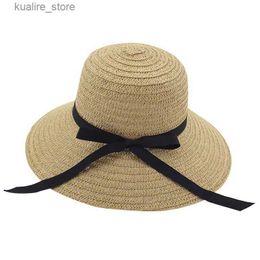 Wide Brim Hats Bucket Hats Summer Paper Straw Butterfly Knot Womens Beach Sun Hats Ladies Casual Wide Brim Bucket Hat Female Girls Foldable Sunhat Sombrero L240322