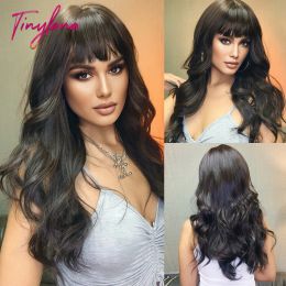 Wigs Dark Black Brown Long Wavy Synthetic Wig with Bangs Water Wave Cosplay Natural Wigs for Afro Women Daily Heat Resistant Hair