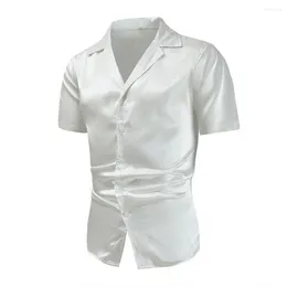 Men's Casual Shirts Spring Shirt Lapel Satin V-neck Loose Single-breasted Solid Color Short-sleeved Formal Business