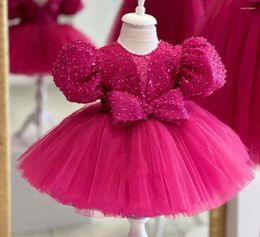 Girl Dresses Rose Red Baby Real Picture Short Sleeve Sequined Tutu Soft Tulle Birthday Party Gowns For Girls