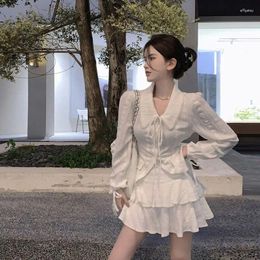 Work Dresses 2 Piece Sets Womens Outfits Jacquard Lapel Tied Shirt Top Loose Blouse White Shirts Short A-line Cake Skirts Faldas Lace Up