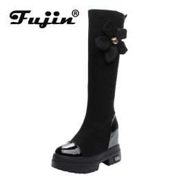 Boots Fujin 9.5cm Spandex Stretch Fabric Summer Platform Wedges Knee High Boots ZIP Woman Fashion Flower Modern Hidden Heel Shoes