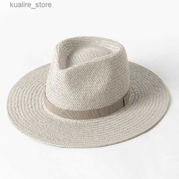 Wide Brim Hats Bucket Hats 2023 New Plain Band Panama Straw Hats for Women Summer Beach Hats Wide Brim Sun Hat Funeral Church Derby Fedora Cap UPF50+ L240322