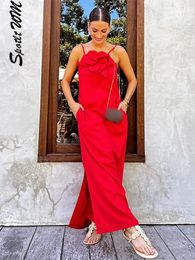 Chic 3D Flower Red Sling Midi Dress For Women Fashion Backless Sleeveless High Split Dresses Elegant Female Party Club Vestidos 240314
