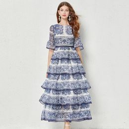 Party Dresses Menahem 2024 Spring Summer Women Holiday Blue And White Porcelain Printed Cascading Ruffles Layers Cake Chiffon Maxi Dress