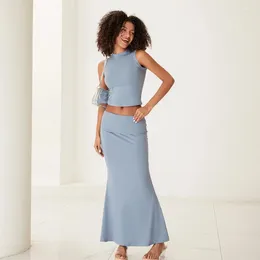 Work Dresses Women 2 Piece Skirts Sets Summer Clothes 2024 Solid Colour Mock Neck Crop Tank Tops With Slim Long Skirt Set Streetwear