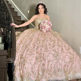 Pink Glitter Crystal Sequined Ball Gown Quinceanera Dresses Off The Shoulder Applique Beading Bow Corset Vestidos De 15 Anos