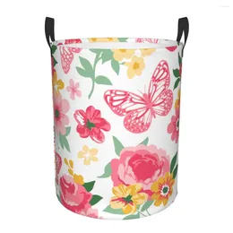 Laundry Bags Folding Basket Coral With Roses Peonies Butterflies Round Storage Bin Large Hamper Collapsible Clothes Bucket Organiser