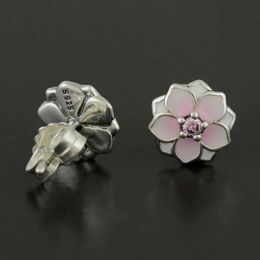 Authentic 925 Sterling Silver Magnolia Light Cherry Enamel and Pink for Earrings Stud Jewellery