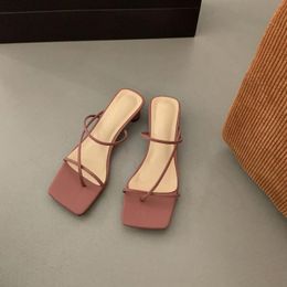 Slippers Summer Fashion Square Head High Heels Shoes Elegent Clip Toe Women Sexy Party Flip Flops Gladiator Zapatos Mujer