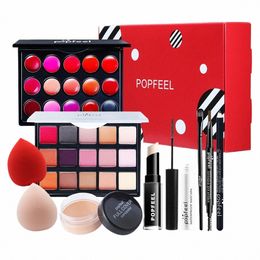 10pcs/kit Gift Box Makeup Set Eye Shadow Palette Foundati Ccealer Mascara Eyebrow Eyeliner Lip Gloss Cosmetic Puff Brush g43J#