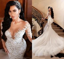 Luxuriöse arabische Meerjungfrau-Hochzeitskleider Dubai, glitzernde Kristalle, lange Ärmel, Brautkleider, Hofzug, Tüllrock, Roben BC3345