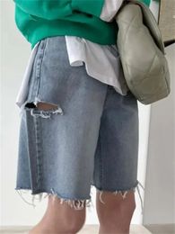 Ripped Jeans for Women High Waisted Streetwear Vintage Chic Baggy Casual Y2k Jeans Korean Fashion Wide Leg Denim Shorts 240311