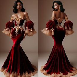 Sexy Fitted Burgundy Mermaid Prom Dresses Off The Shoulder Flare Long Sleeves Formal Evening Gowns For Women Gorgeous Champagne 3D Floral Appliques Reception Dress
