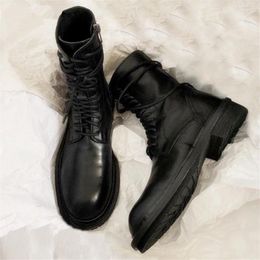 Boots Black Soft Leather Women Ankle Lace-up Casual Flat Shoes Ladies Short Booties Riding Combat Bota Feminina