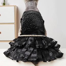 Dog Apparel Black Princess Dress Tulle Bling Wedding Skirts Luxury Pearl Point Drill Festival Costume For Dogs