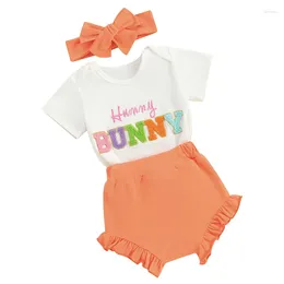 Clothing Sets Infant Baby Girls Easter Outfits Short Sleeve Print Romper Elastic Waist Shorts With Hairband 3Pcs Set 0-24M