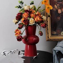 Vases Vintage Ceramic Vase Red Geometric Circle Floral Arrangement Accessories Flower Porcelain Handicraft Home Decoration