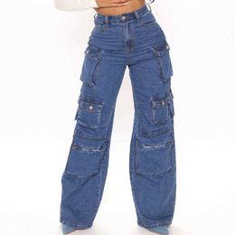 Streetwear Custom Oversized Women Baggy Trousers High Rise Multi Pockets Faded Washed Denim Boyfriend Pants Wide Leg Cargo Jeans