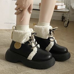 Boots 2022 New Women Ankle Boots Winter Nature Suede Flat Shoes Elegant Ladies Beige Black Lace Up Round Toe Snow Boots Zapatos Mujer