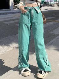 Women's Jeans Women Patchwork Low Waist Wide Leg Baggy Hip Hops High Street 90s Oversized Green Denim Pants Lady Punk Y2K Goth Trousers