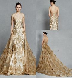 New Kelly Faetanini Gold Color Embroidery Train Detachable Royal Wedding Dresses 2020 Sparkly Sweetheart Backless Two Pieces Weddi7140535