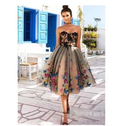 3D Butterfly Applique Homecoming Dresses Champagne Ruffles Strapless Prom Dress Soft Tulle Floor Length Formal Party Sweet 16 Cock1509752