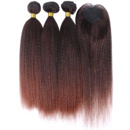 Weave Weave Synthetic Yaki Hair Ombre Kinky Straight Hair Weave Bundles With Closure Heat Resistant Fibre Hair Weft For Women