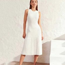 Knitwear Manufacturer Custom Spring Summer White Crew Neck Sleeveless Pleated Womens Knit Sweater Dress