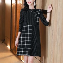 Casual Dresses Knitted Jacquard Sweater Dress Women 2024 Autumn Winter Fashion O-Neck Long Sleeve Knee-Length Bottom Clothing High Quality