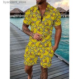 Men's Tracksuits Summer Men Tracksuit Funny Duck 3D Print Short Sleeve Zipper Polo Shirt Shorts 2 Pieces Sets Male Oversized Street Hip Hop Suits L240320