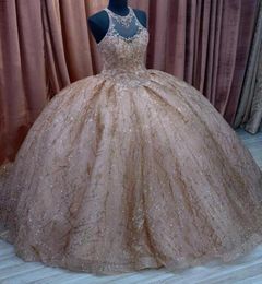 Sparkly Designer Rose Gold Sequined Quinceanera Dresses Ball Gown Prom Dress Sheer Neck Jewel Crystal Bead Long Evening Formal Pag6318786