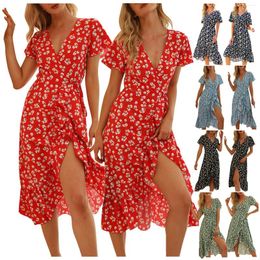 Casual Dresses Sexy V Neck Floral Print Long Dress Summer Ladies 2024 Butterfly Sleeve High Waist Beach For Women Chiffon