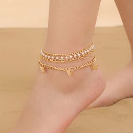 Fashionable Japanese Korean Light Multi Layered Imitation Pearl Butterfly Pendant Minimalist Feet Chain